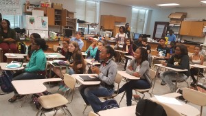 Denise blending in with the Northwest High School students in the Secret Society of Science Songwriters (4SW).